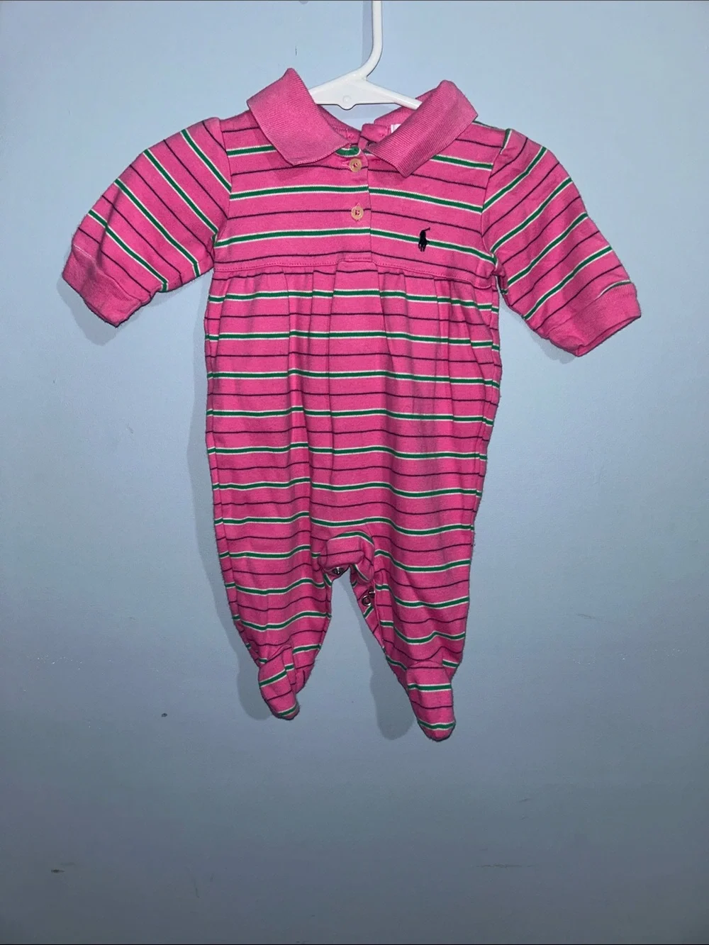 Ralph Lauren Pink Striped Polo Footed One-Piece